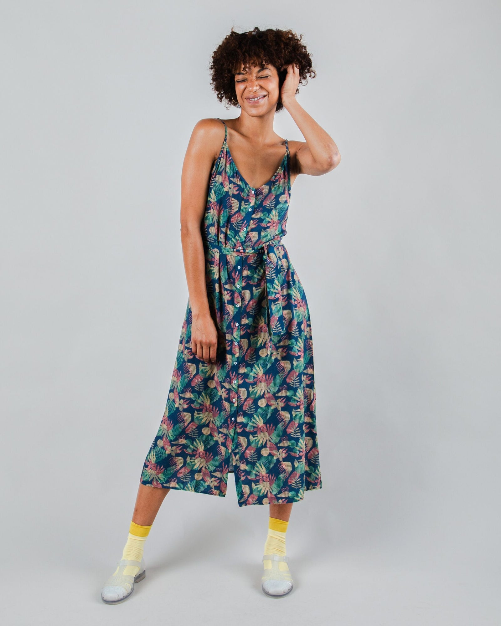 Flower Vichy Strap Dress Navy