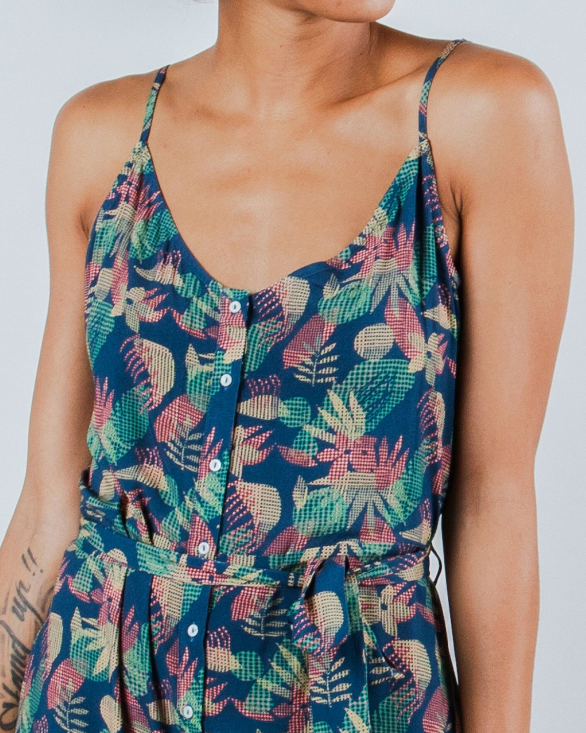 Flower Vichy Strap Dress Navy